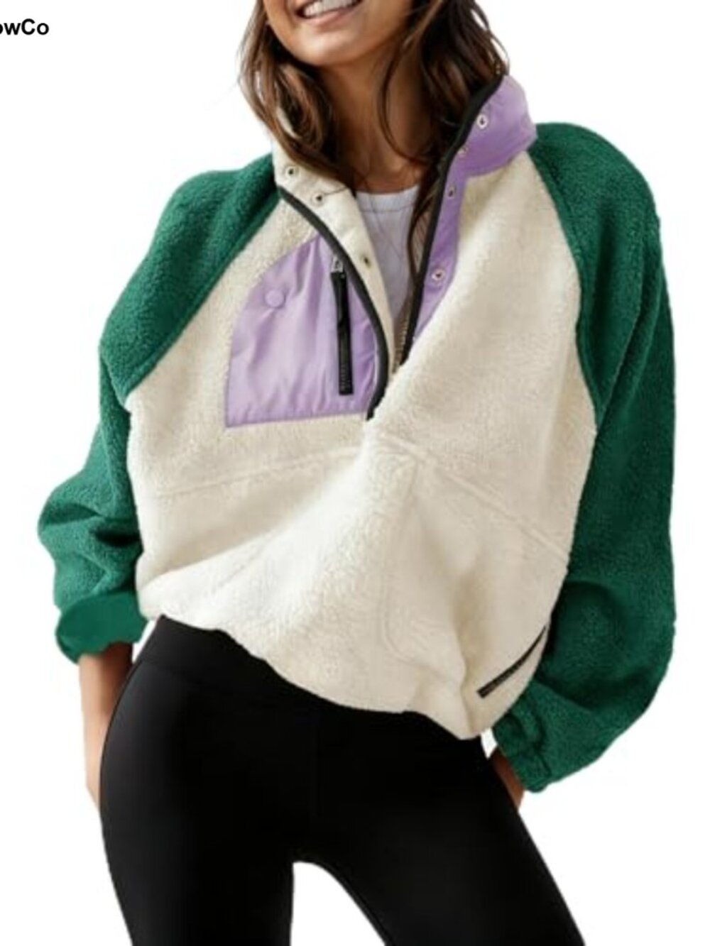 Fuzzy Fleece Pullover Jacket Cropped Snap Button Zip Pockets